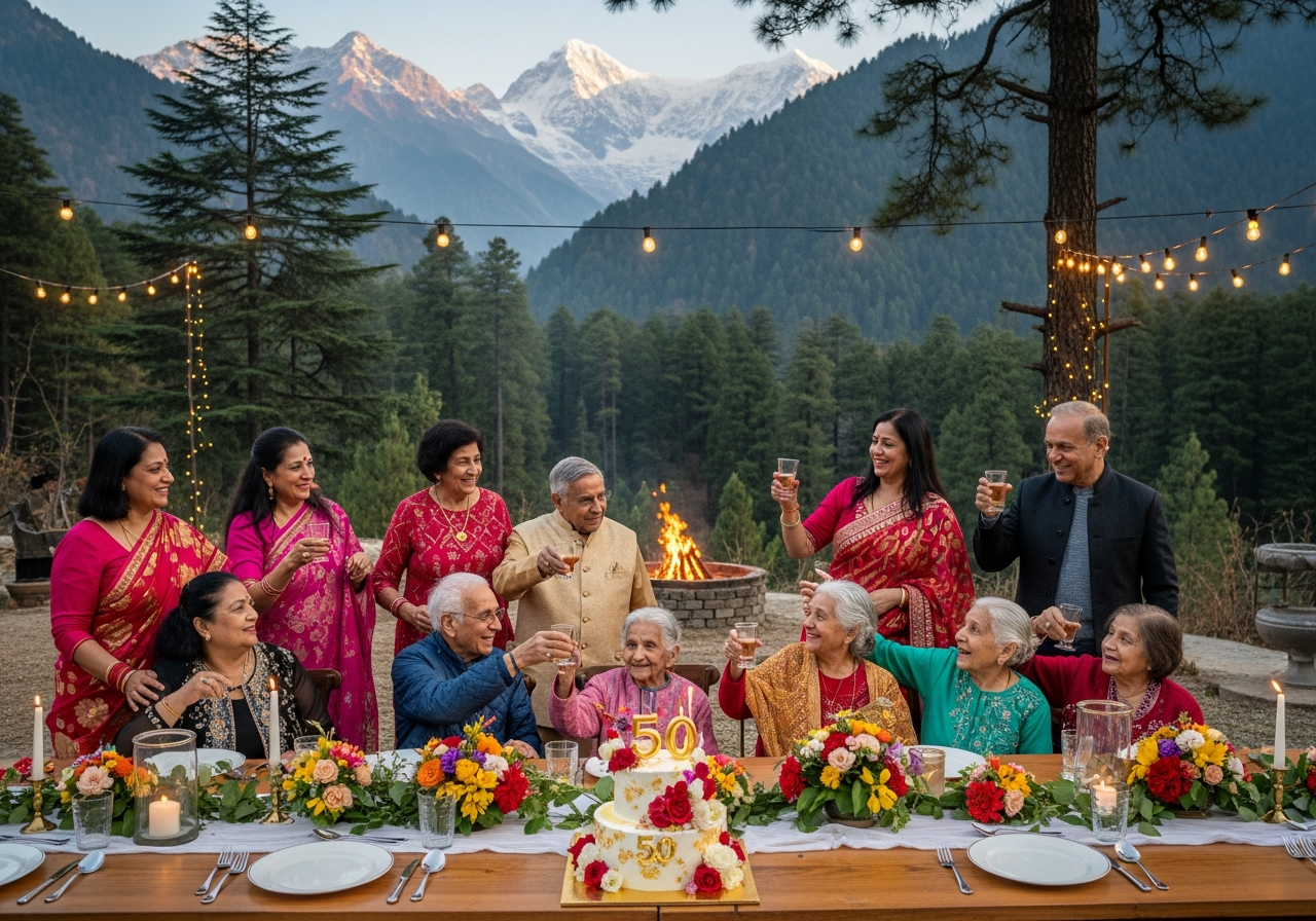 Milestone birthday celebration outdoors in the Himalayas at Roots & Peaks