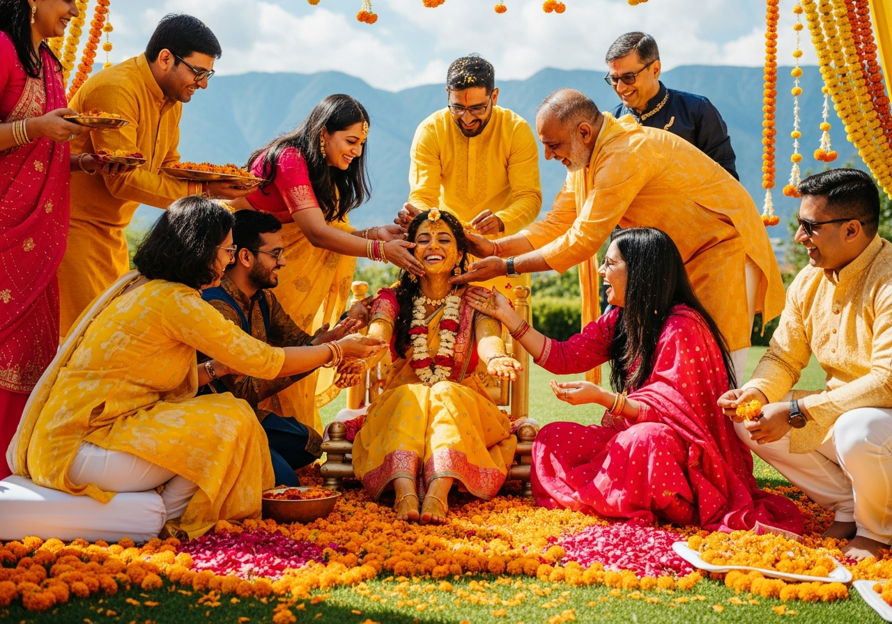 Haldi ceremony outdoors with marigold decorations in Rishikesh