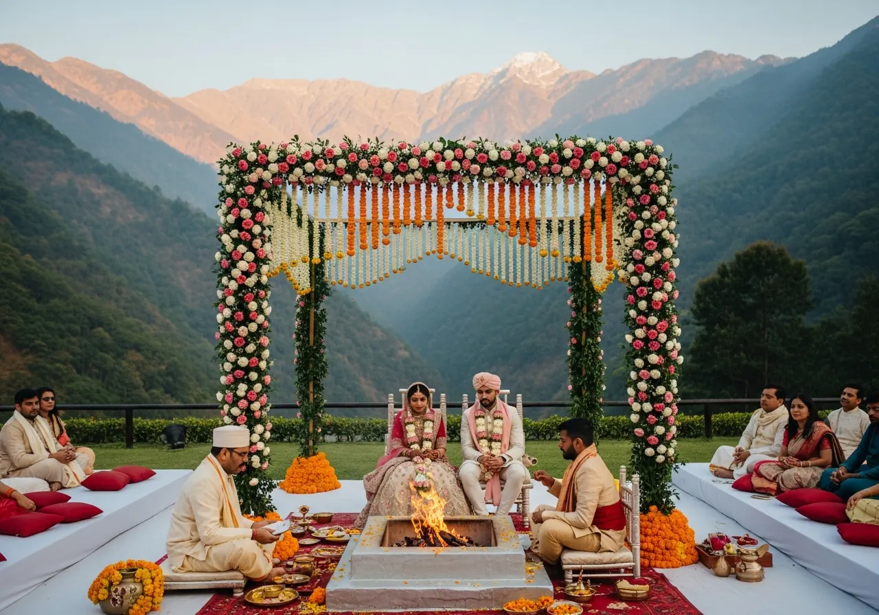 Destination wedding ceremony with Himalayan mountain backdrop at Roots & Peaks Rishikesh
